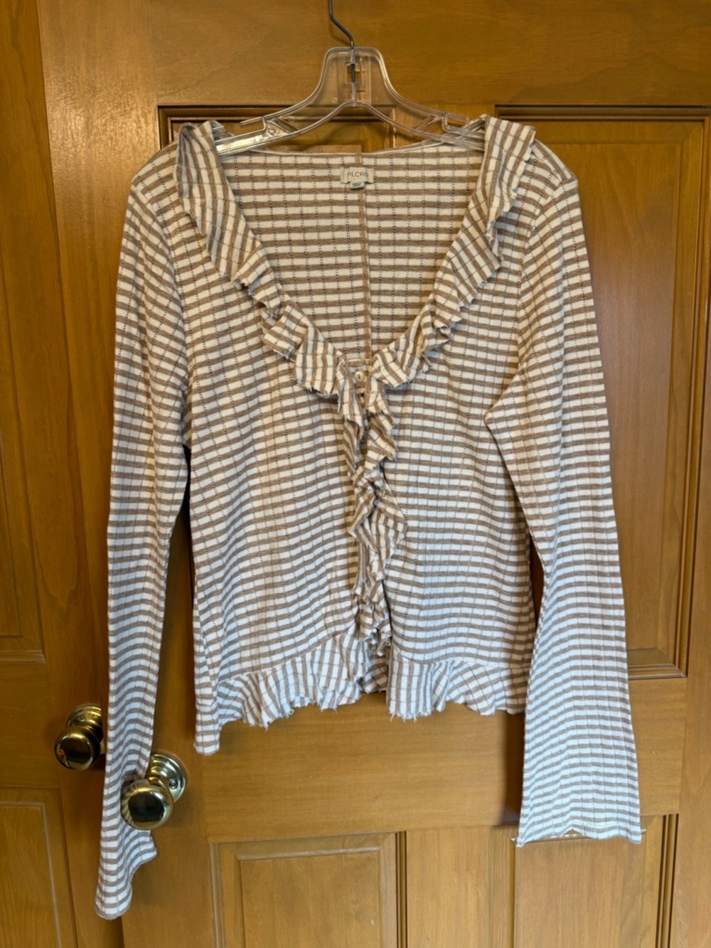 Pilcro Cream and Tan Striped Ruffle-Front Top